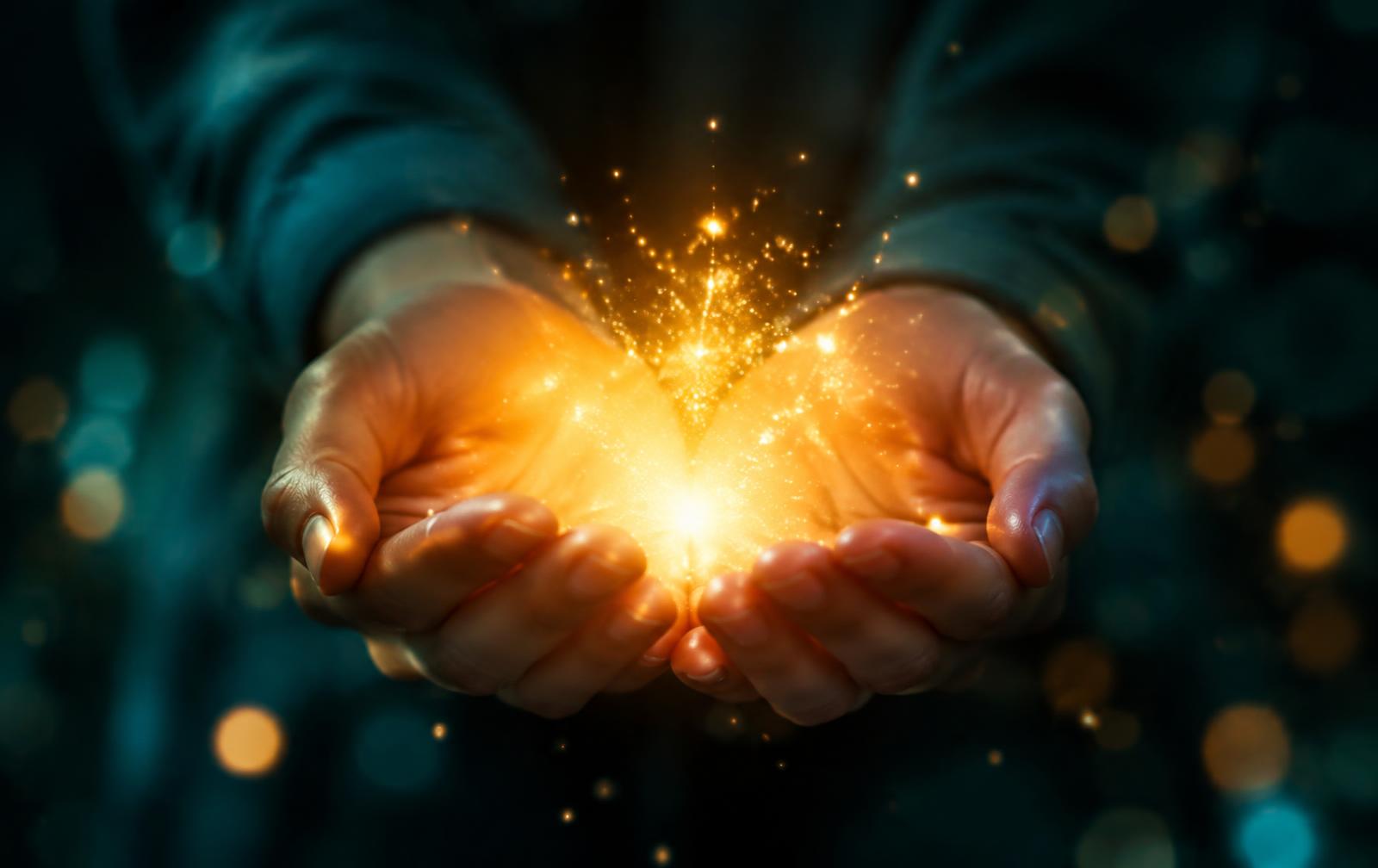 Hands holding a glowing golden light